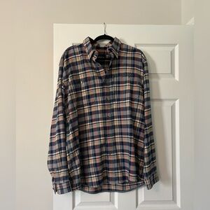 Orvis Plaid Men’s Button Up Long Sleeve Shirt, Blue/orange/Multi, L, like-new
